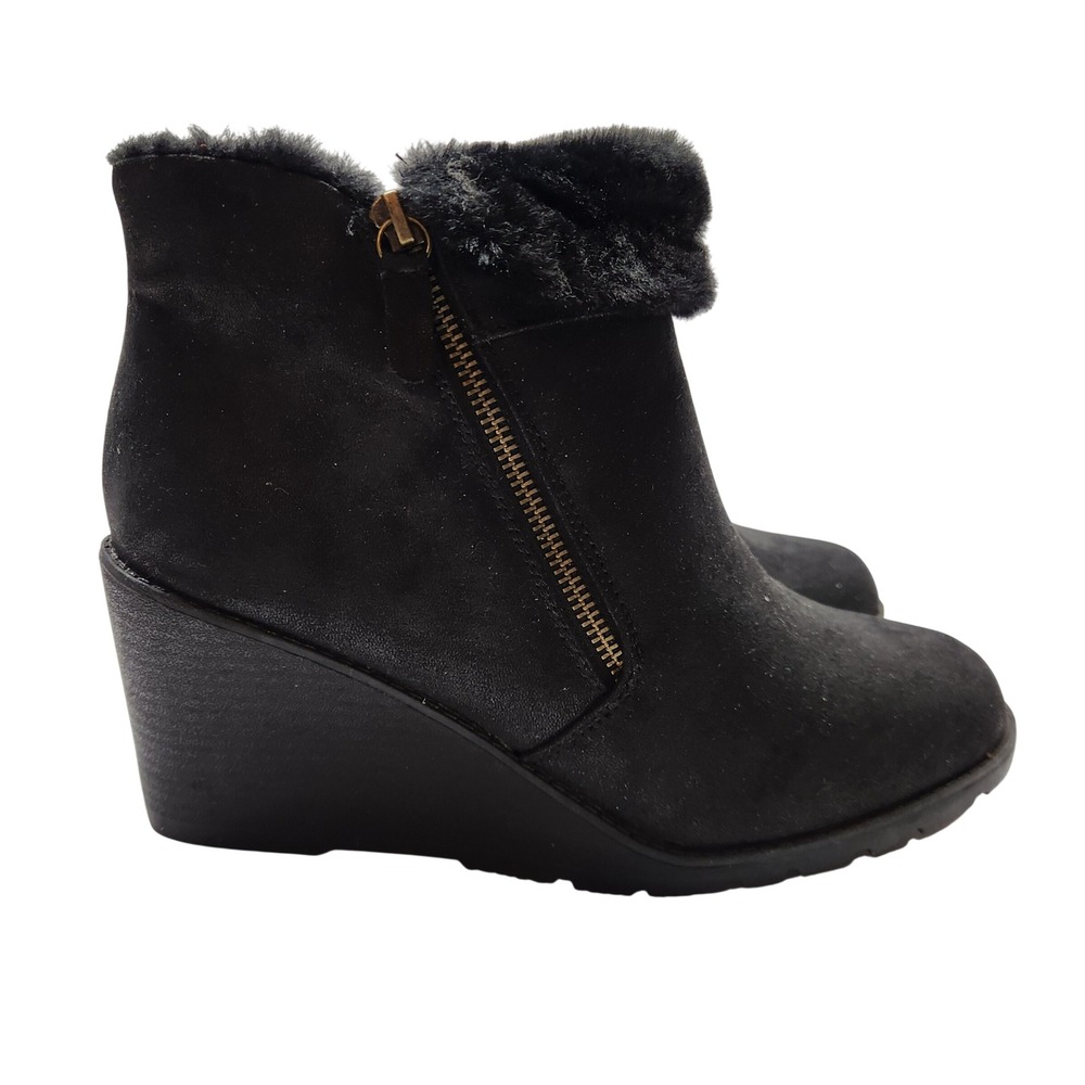 Lane Bryant Emma Black Faux Suede Wedge Ankle Booties Faux Fur Trim 11W Boots